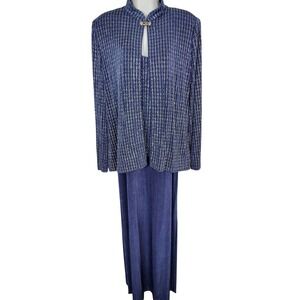 Alex Evenings Navy Blue Shimmer 2 Piece Maxi Dress and Jacket Set Formal Wedding